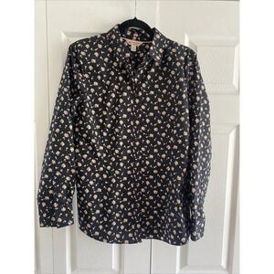 Brooks Brothers Red Fleece Womens Medium Black Button Down Floral Long Sleeve